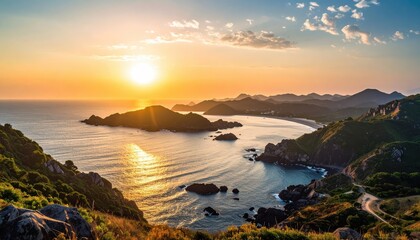 Coastal bay panorama, magic hour sunlight, sense of vast openness