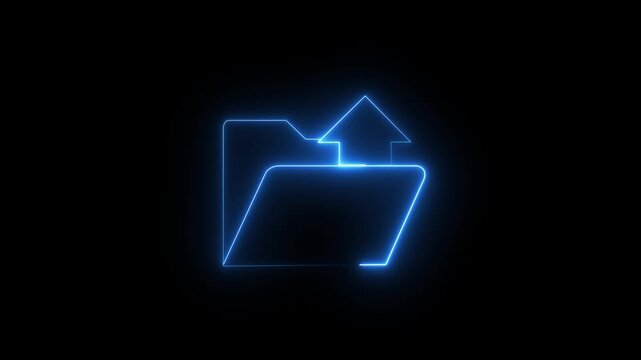 Neon glowing mobile device folder icon animated on black background. Animation of folder opening and closing. Computer file folder with documents. Outline neon folder icon set