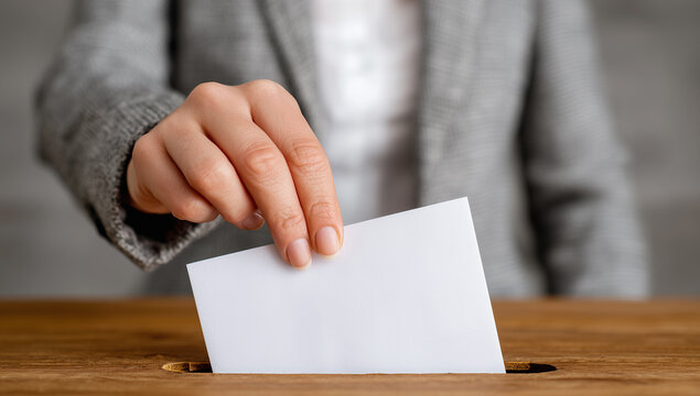 Person places a white envelope into a ballot box during an election process in a voting station