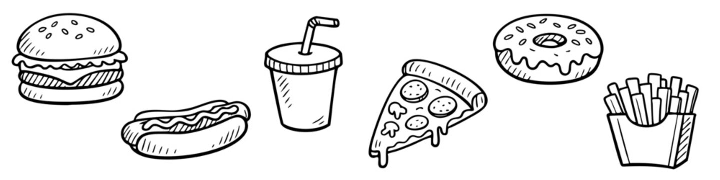 Hand-drawn fast food icons set including burger, pizza slice, donut, french fries, hot dog and soda. Minimalist black, light blue and blue line art on white background.