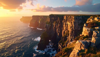 Coastal cliffs overlooking ocean, magic hour sunlight, vast seascape