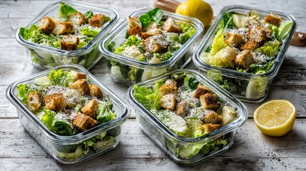 Caesar salad displayed as meal prep containers for the week, clean organized layout, health lifestyle concept