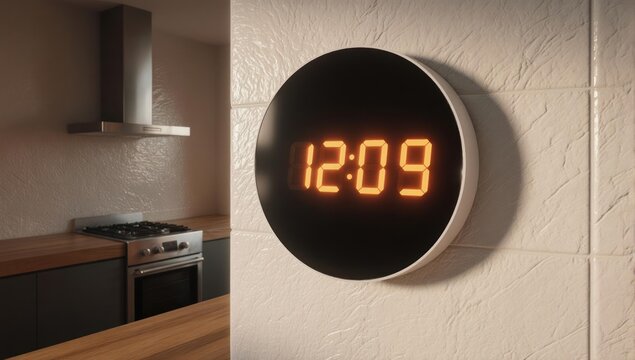 Digital wall clock displays time in a modern kitchen setting