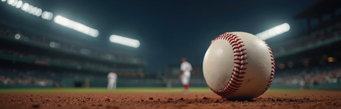 Baseball rests on dirt infield at illuminated stadium at night. Blurred players and fans watch game from stands. Focus on ball near home plate.