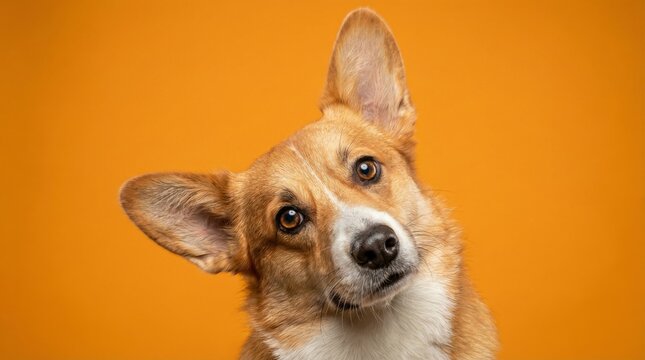 Adorable Corgi Dog with Curious Expression Tilting Head Against Orange Background.
