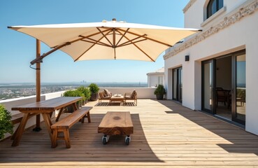 Naklejka premium Spacious wooden terrace with large parasol, outdoor dining set, lounge chairs, and city view. Modern exterior design offers comfort and relaxation.