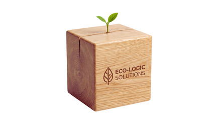 Small green plant growing from wooden cube with ecologic solutions logo on it representing environmental sustainability and ecofriendly concepts in a minimalist composition transparent background