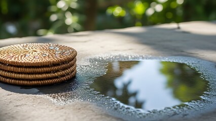 A stack of woven coasters beside a puddle of water on a stone surface
