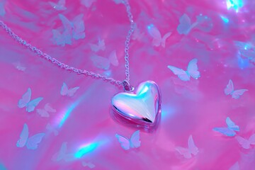 yk style jewelry display, yk chrome flat lay with oversized reflective silver heart pendant on glossy pink vinyl tiny holographic butterflies and soft pastel glow complete the look