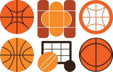 A collection of stylized basketballs and related sports graphics in various orange and brown tones Vector, illustration