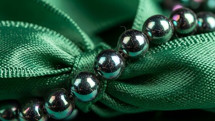 A close-up view of a green ribbon adorned with shiny metallic beads