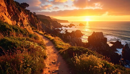 Coastal trail with cliffs, warm magic hour glow, sense of exploration