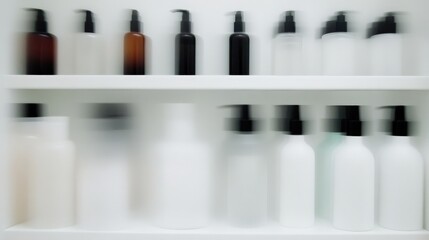 Fototapeta premium Blurred White & Brown Cosmetic Bottles with Black Pump Tops on Shelves