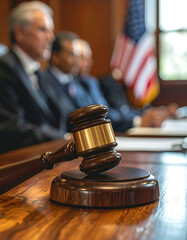 Gavel rests; blurred judges, American flag backdrop, mahogany wood grain