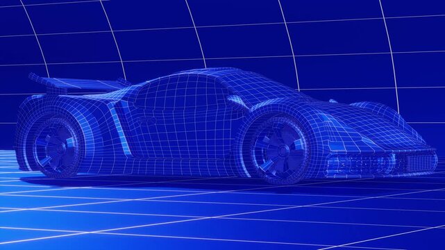3D Wireframe Mesh of a Sports Car Design - Blue Technical Blueprint Animation