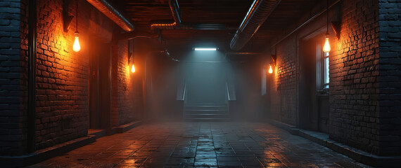 Fototapeta premium Dimly lit brick hallway. Old industrial basement with hanging light bulbs and pipes overhead. Stairs lead up into misty darkness with bright light.