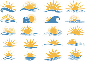 Obraz premium Sun and ocean wave icon set, sunrise, sunset, beach theme, summer design, blue waves, yellow sun rays, vector, isolated, graphic