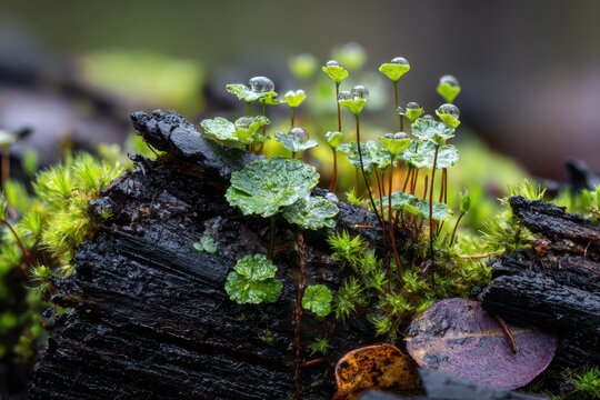 Macro photograph of umbrella liverwort growing on charred logs on a Finnish forest floor after a wildfire