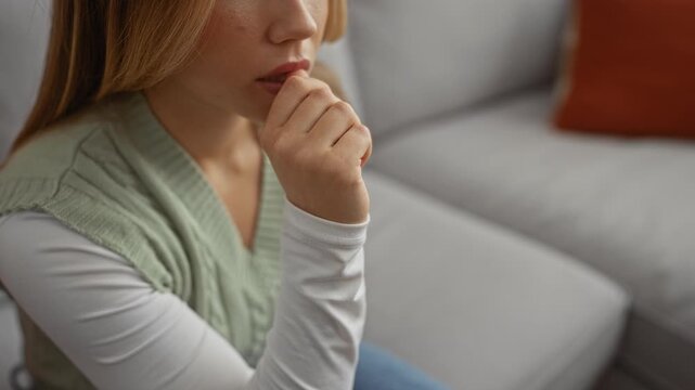 Woman biting her fingernails while seated on a white couch in bright living room interior; nervousness.