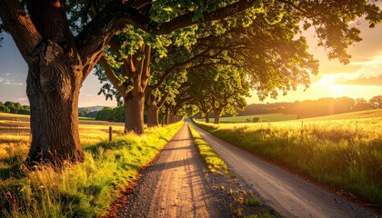 Country lane with trees, leading lines, warm sunlight, panoramic view