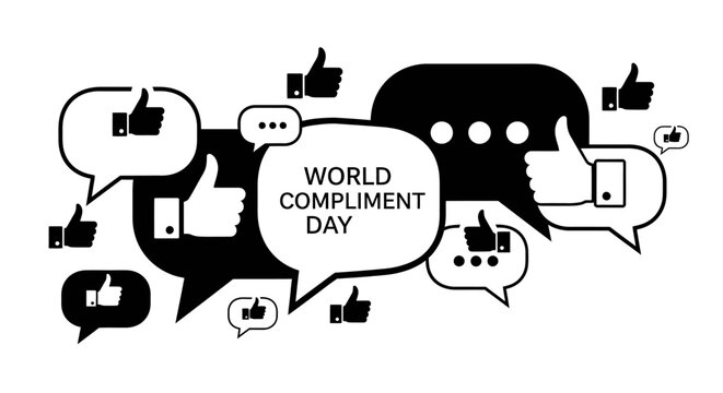 World Compliment Day Message with Thumbs Up and Speech Bubbles, Encouraging Positive Interactions, isolated white background.
