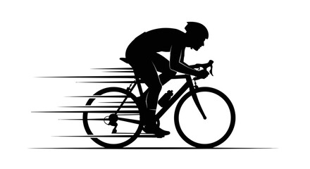 Obraz premium Silhouette of a male cyclist riding a racing bicycle at high speed with motion lines, on an isolated white background.