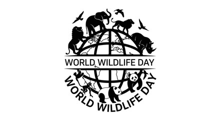 World Wildlife Day emblem with various wild animals encircling the globe, promoting ecological conservation on an isolated white background. © ZAENAL