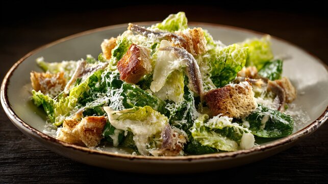 Caesar salad with anchovy fillets clearly visible, honest traditional recipe presentation, editorial food storytelling