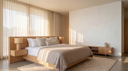 Fototapeta premium A bright modern hotel bedroom with crisp white bedding and warm morning sun through sheer curtains creates a serene luxury interior with generous copy space.