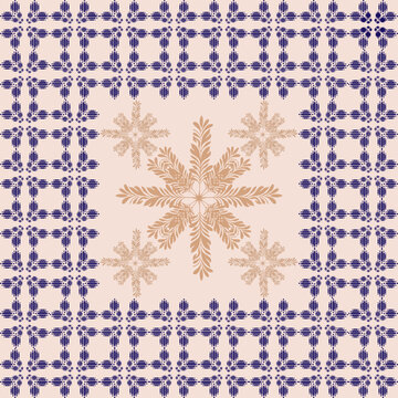 Luxury blue geometric textile pattern with golden floral mandala frame.design for sarong clothes, scarf, fabric pattern