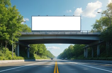 Obraz premium Blank billboard on highway overpass. Empty ad space above road. Green trees line highway. Cars drive on asphalt. Sunny day, blue sky, white clouds.