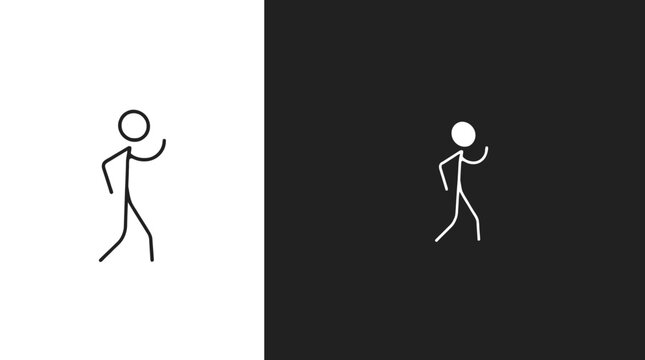 Two Simple Stick Figure Persons Walking, One on Isolated White Background and One on Solid Black Background, Contrasting Movement