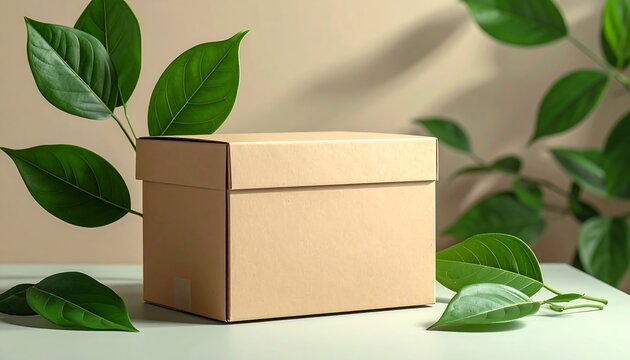 Cardboard box surrounded by green leaves on a white surface