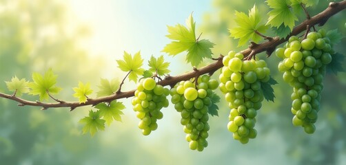 Naklejka premium Close-up of ripe green grape clusters hanging from vine branch with fresh leaves. Sunlight filters through foliage creating soft bokeh background. Ideal for themes of nature agriculture, winemaking.