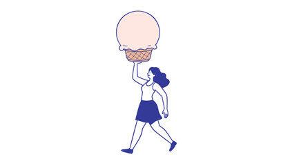 Obraz premium Vector illustration of woman carrying oversized ice cream cone, for food or dessert concept, Isolated on transparent background, png