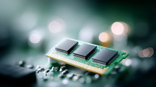 Close-up of a computer RAM module with several black semiconductor chips arranged in a row