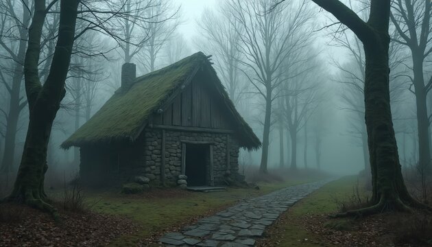 Old stone hut with mossy thatched roof sits in a dense misty forest. A cobblestone path leads to the open door of the abandoned dwelling. Bare trees surround the overgrown building.