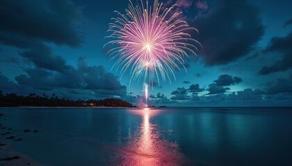 Obraz premium Firework explode over calm ocean water at twilight. Pink and white lights reflect on the dark sea surface. Tropical island beach with palm trees in background. Night celebration.