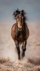 Majestic wild horse galloping through a dusty landscape