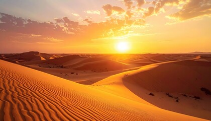 Desert dunes at magic hour, warm golden-orange sky, sense of adventure