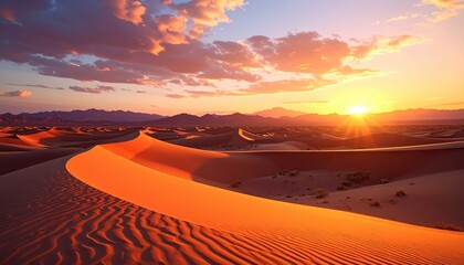 Desert dunes stretching to horizon, magic hour glow, sense of vastness