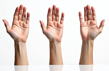 Obraz premium Three open human hands shown from palm side. Fingers are extended upwards and spread apart. Various skin tones and arm parts are visible against white background. A simple, clear visual.