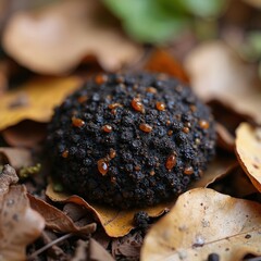 Fototapeta premium Macro shot of hedgehog feces on forest floor. Dark earthy clump with glistening droplets in fallen autumn leaves. Detailed natural texture captures wildlife droppings.