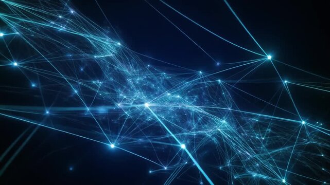 Complex network of interconnected nodes and lines in a futuristic digital space viewed from a distant perspective