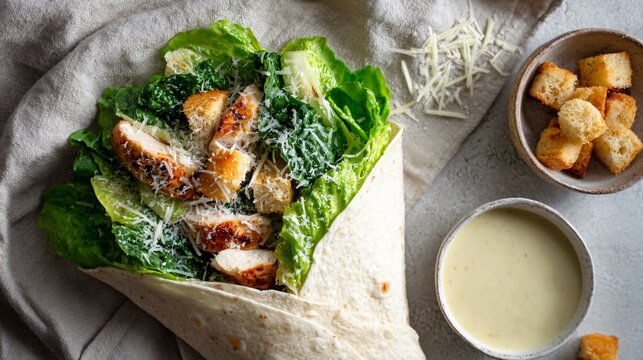 Overhead flat lay of Caesar salad wrap ingredients on neutral linen fabric, chopped romaine, grilled chicken strips, grated parmesan, toasted croutons, creamy dressing in small bowl