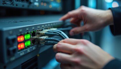 Person connects network cables to router ports. Technician sets up computer network system. Data links active, lights show network status in modern office server room.