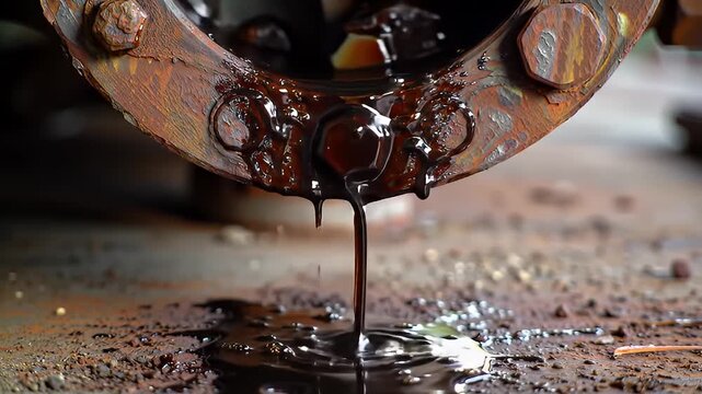 Close up of dark viscous oil dripping from rusty industrial machinery bolt with metal rust texture and gritty floor in natural lighting