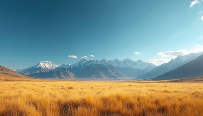 Obraz premium Expansive golden field meets majestic snow capped mountains under clear blue sky. Rural landscape offers panoramic view. Sunlight illuminates autumn scenery. Peaceful natural background.