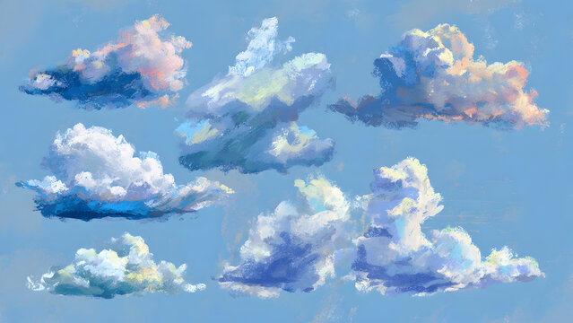 A artistic collection of impressionist style clouds with soft blended edges and painterly textures on light blue background