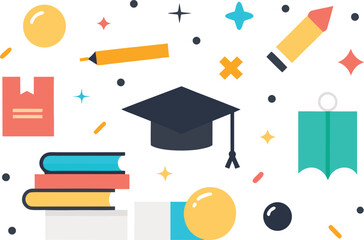A collection of academic and school-related icons, including books, graduation cap, and art supplies Vector, illustration